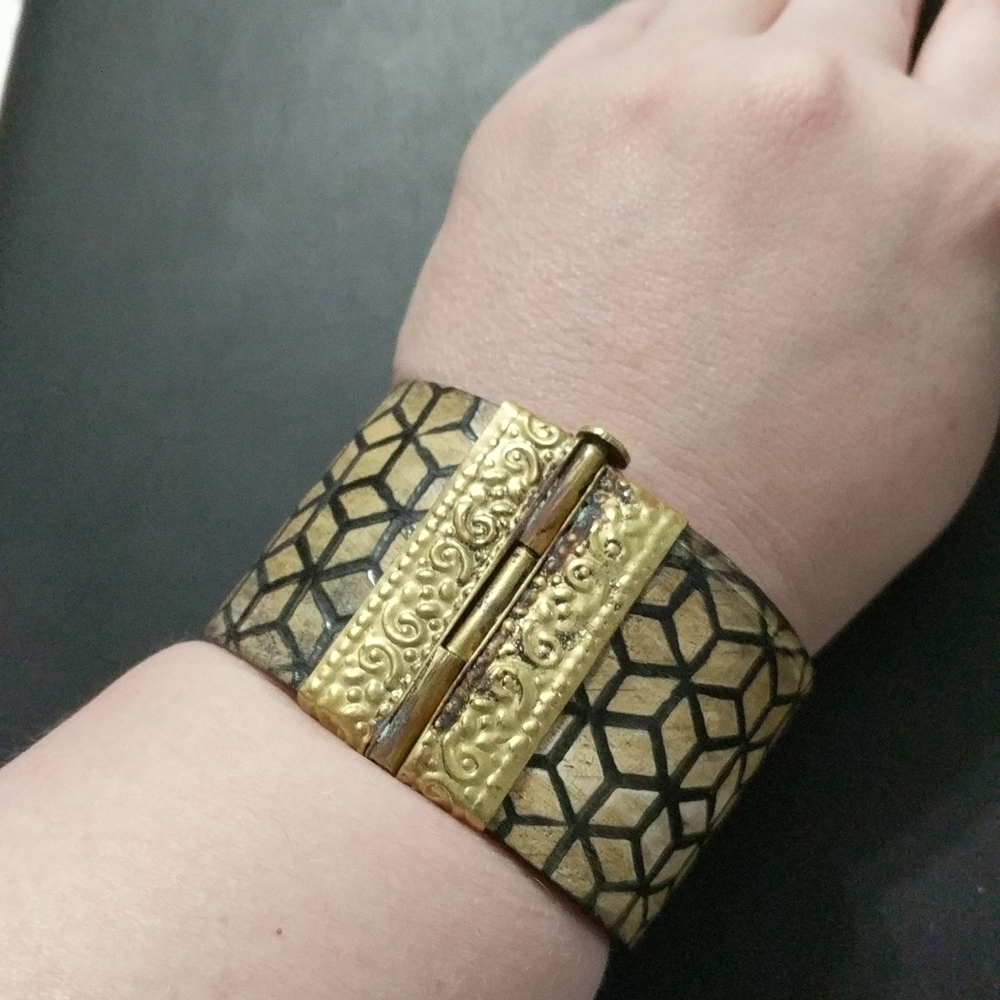 Brown and Gold Cubist Design Hinged Pin Cuff Statement Bracelet - India